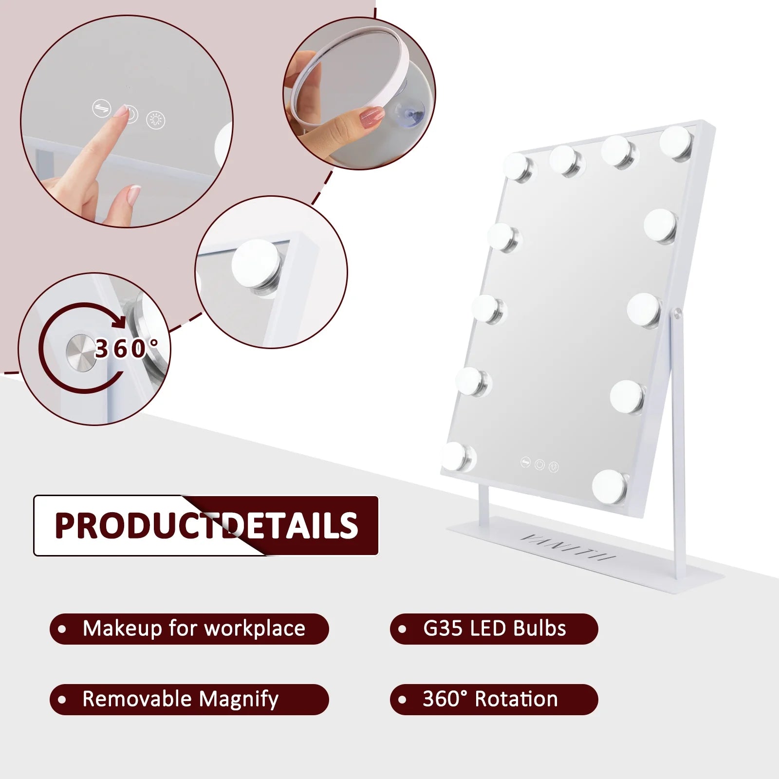 GLOBAL 14.5" X 18.9" Vanity Makeup Mirror with Lights Tabletop Metal White