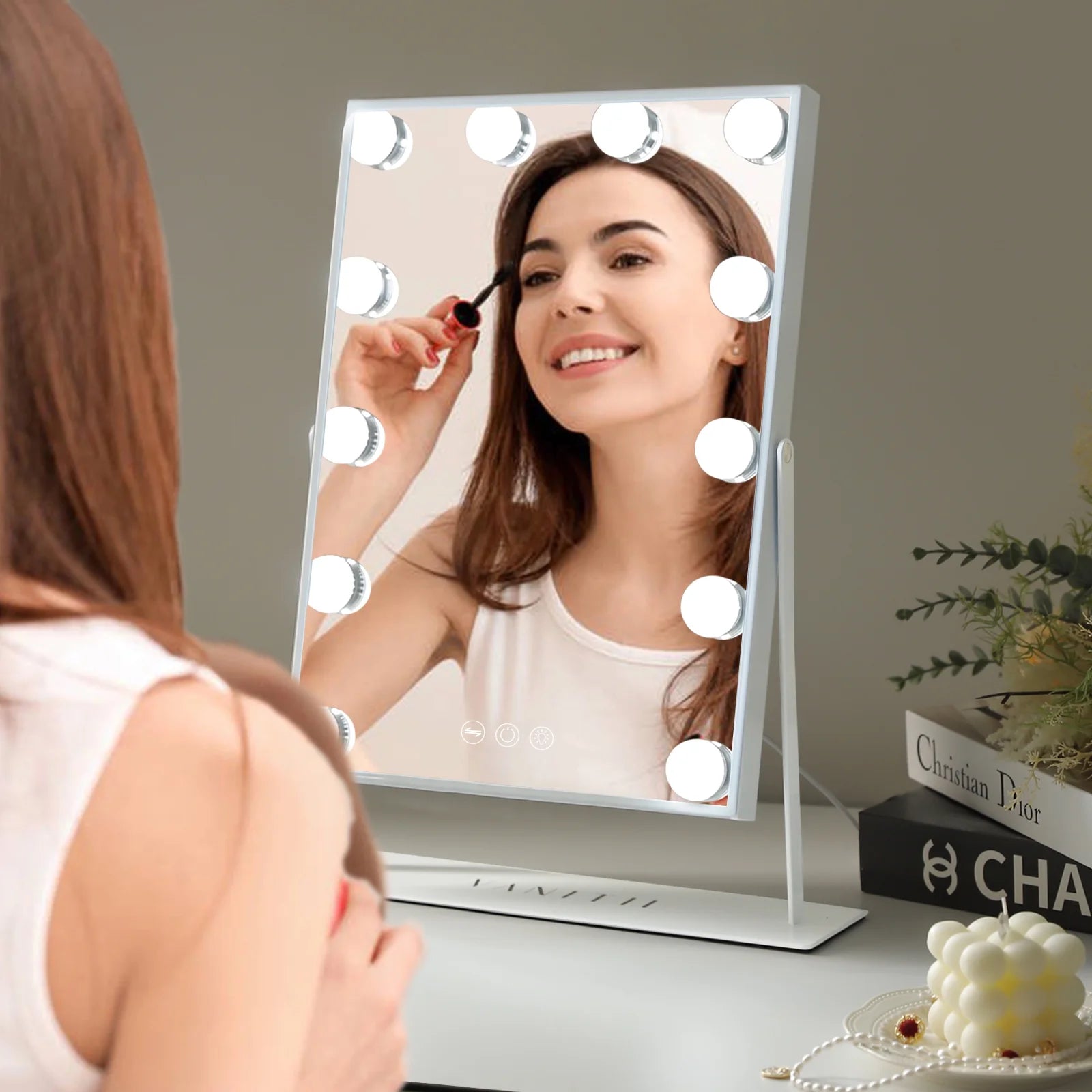 GLOBAL 14.5" X 18.9" Vanity Makeup Mirror with Lights Tabletop Metal White