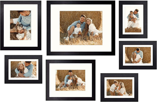, Gallery Wall Frames, 11X14, 8X10, 5X7 Multiple Photo Frames Collage for Wall or Tabletop Displays with Mat or without Mat (Black, 7 Pack)