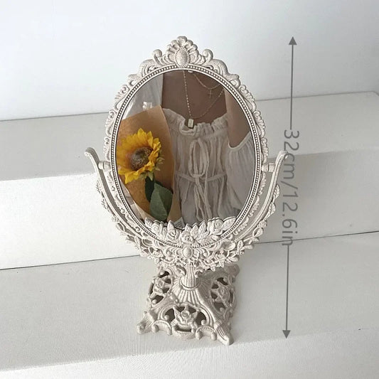 Vintage Makeup Mirror Oval Palace Carving Handheld High-Definition Glass Mirror Home Decor Women Cosmetic Beauty Make up Tools